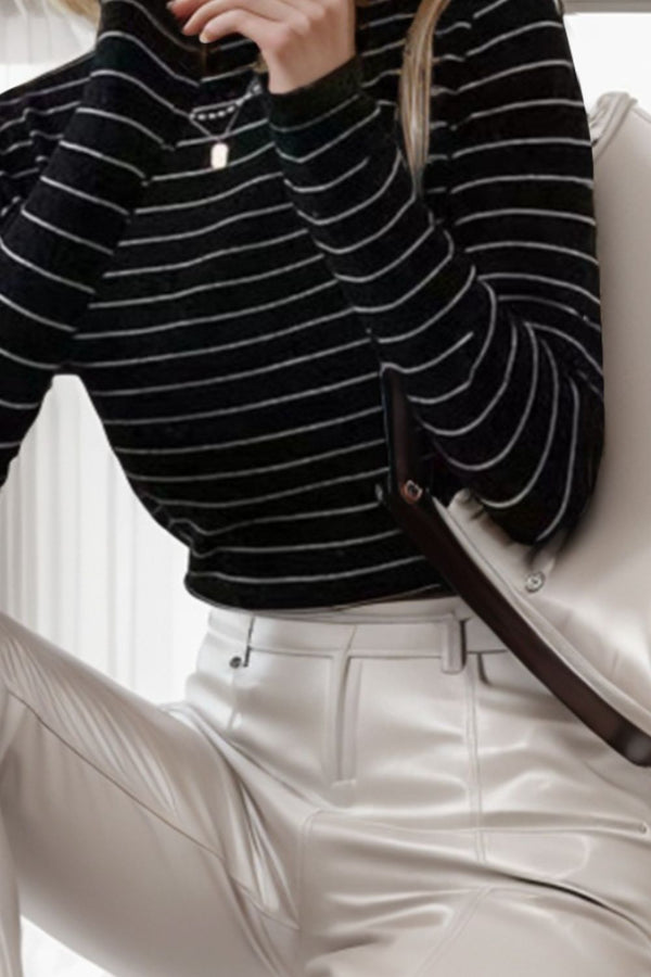 Striped Turtleneck Long Sleeve T-Shirt Women's Wool and Nylon Premium Warm Long Sleeve Blouse