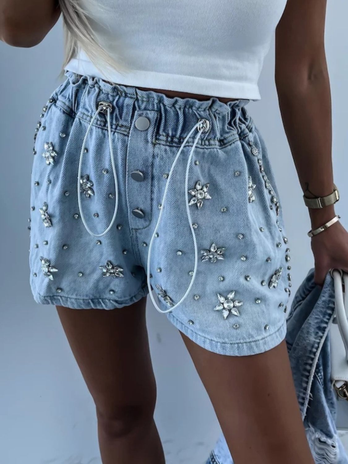 Rhinestone Drawstring Denim Shorts Premium Luxury 100% Cotton Jean Shorts