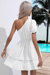 Single Shoulder Dress Casual Cinch Waist Flounce Ruffle Sleeve Mini Dress