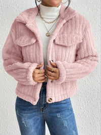 Women's Fuzzy Jacket with Buttons  Button Up Collared Neck Jacket