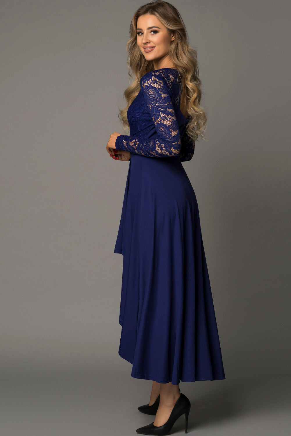 Elegant Lace Long Sleeves High-Low V-Neck Formal Midi Dress