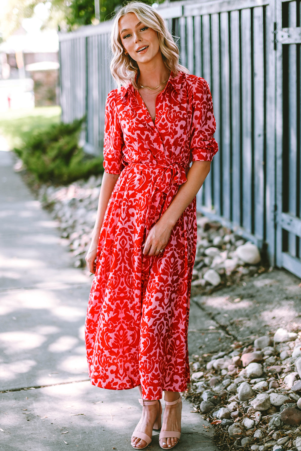 Tomato Red Printed 3/4 Sleeve V Neck Shirt Long Dress with Belt