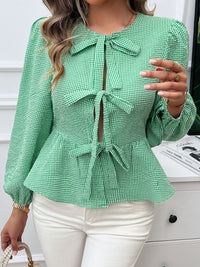 Tied Round Neck Long Sleeve Blouse