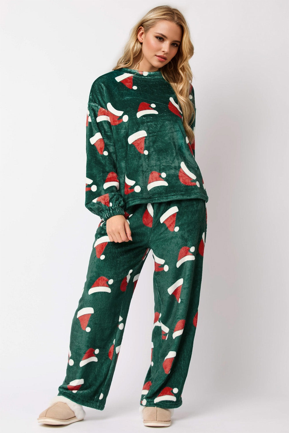 Christmas Hat Pattern Round Neck Long Sleeve Top and Pants Set