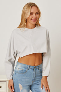 Long Sleeve Baggy Crop Top Women's T Shirt Round Neck Dropped Shoulder Cropped Sweatshirt