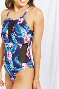 Floral Crisscross Spliced Mesh One-Piece Swimsuit