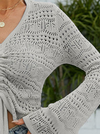 Flare Sleeve Sweater Openwork Crochet Drawstring Cropped Knit Top