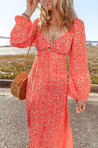 Casual Day Dress Printed V-Neck Long Sleeve Midi Dress