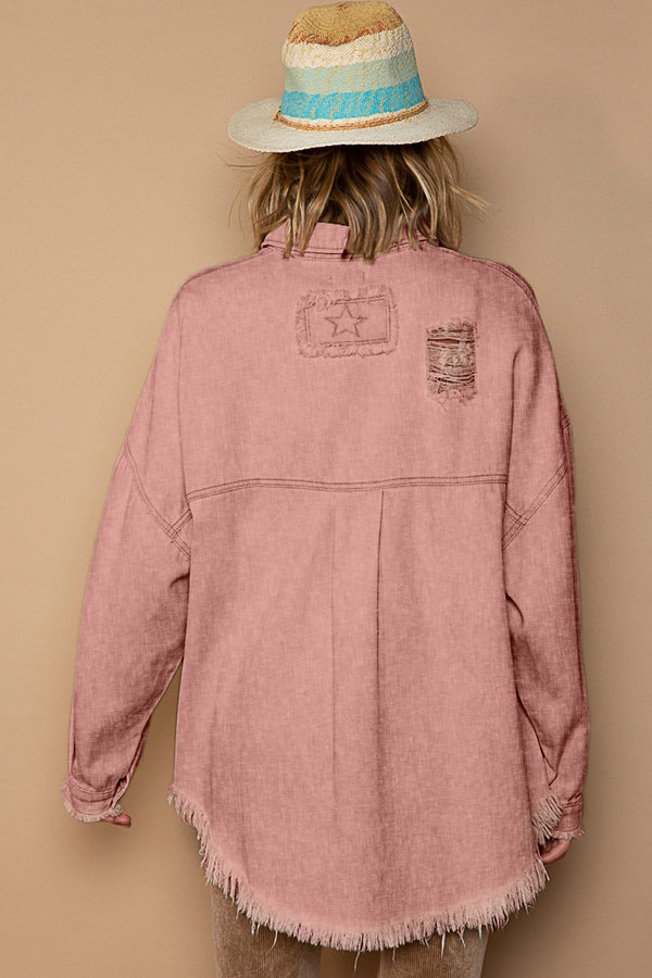 Denim Jacket Pink Women's Fashion Button Down Raw Hem Distressed 100% Cotton Shacket