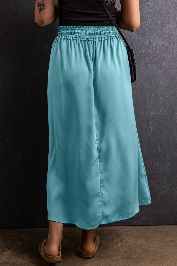 Satin Skirt Casual Peacock Blue Drawstring Split Side Flowy Long Skirt