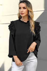 Black Ruffled Round Neck Long Sleeve Blouse New Women's Fashion Tops