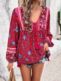 Boho Casual Loose Fit Shirt Printed Tie Neck Long Sleeve Blouse