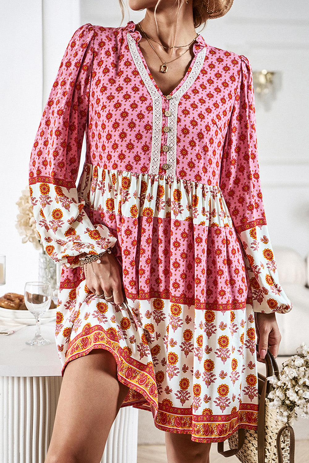 Boho Printed V-Neck Long Sleeve  Casual Dress New women's Fashion