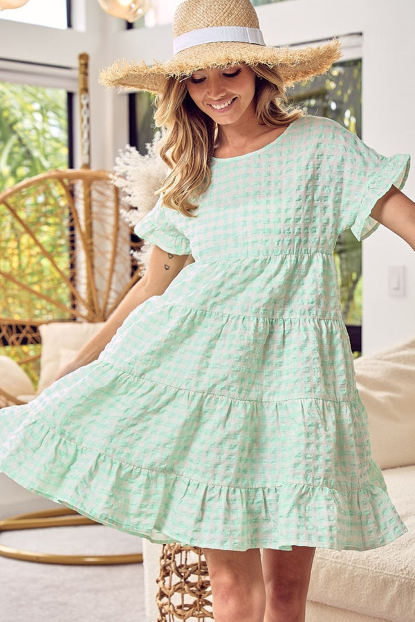 KESLEY Cotton Casual Mini Dress Women's Fashion Ruffled Hem Short Sleeve Tiered Dress