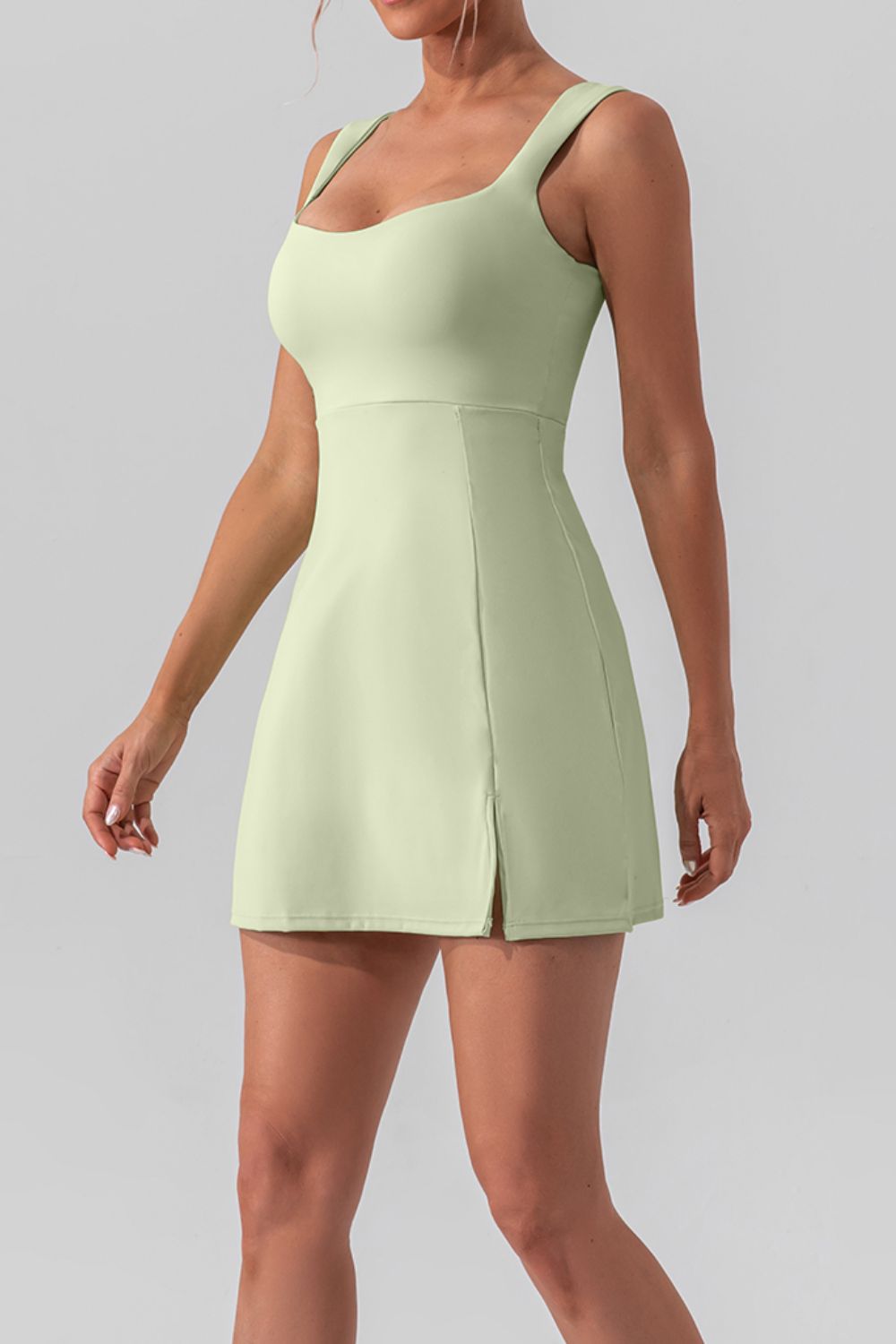 Plain Mini Dress Women's Casual Solid Color Stretchy Square Neck Sleeveless Slit Mini Active Dress