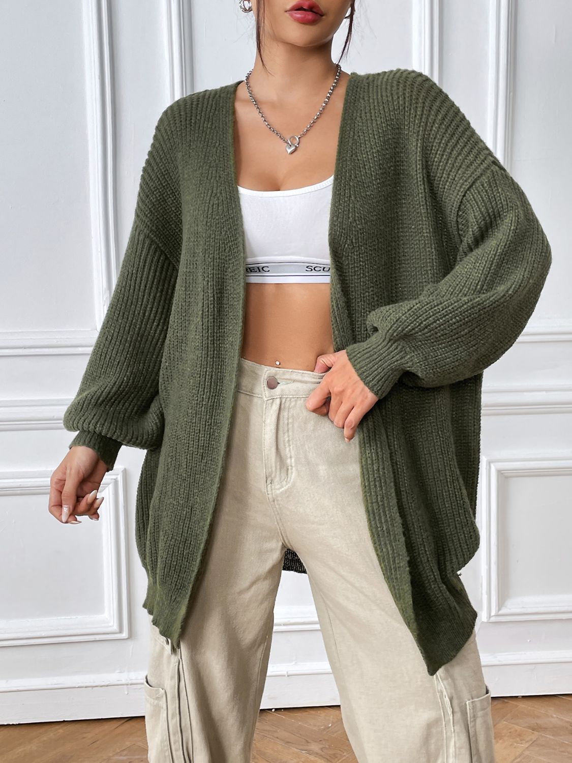 Olive Green Open Front Long Sleeve Cardigan New Women's Fashion