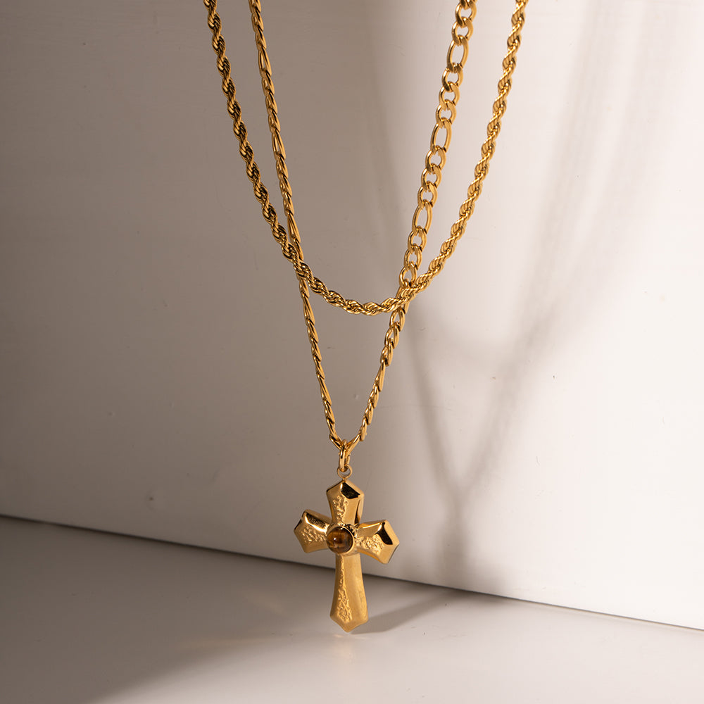 Cross Necklace 18K Gold-Plated Double Layered Cross Necklace Waterproof Hypoallergenic KESLEY