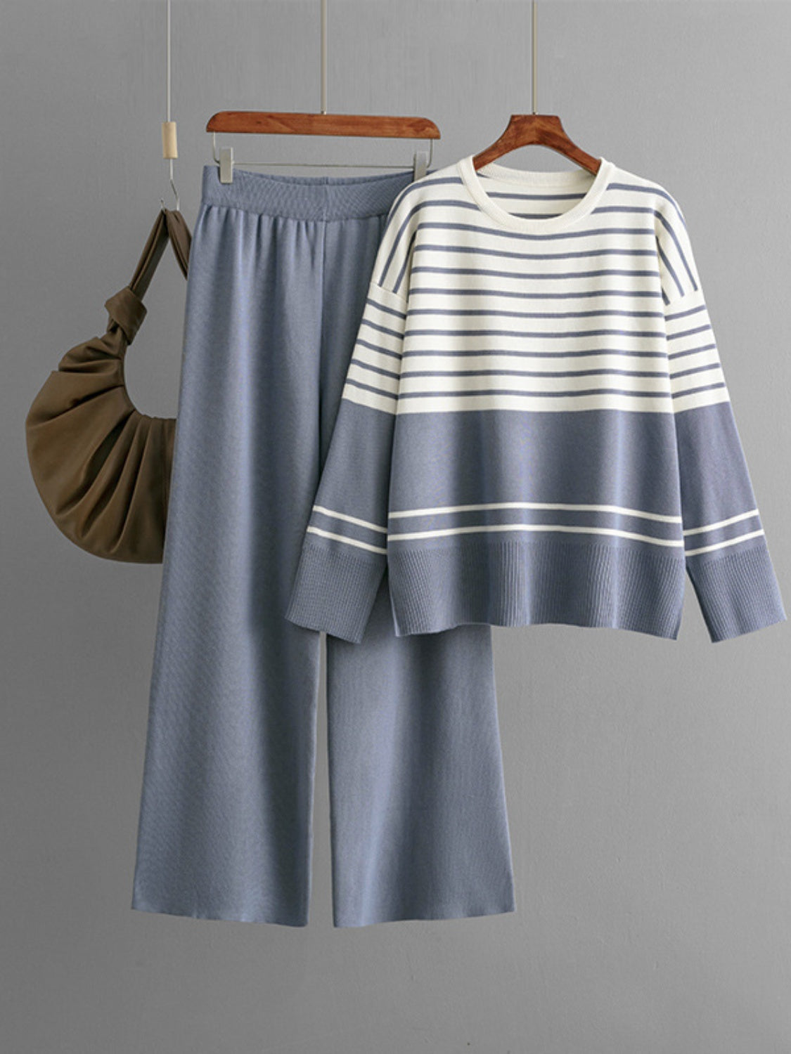 two piece, two piece clothing, light clothing, clothing sets, womens clothing sets, casual wear, day wear, night wear, outfit ideas, outfit inspo, fitpo, womens outfit inspo, night out outfit ideas, business casual, outfits for work, outfits for school, long sleeve, loose fit, loose pants, crewneck, blue and white stripes, stripes, striped clothing, crewneck sweater, long sleeve shirt, kesley, kesley boutique, aesthetic, aesthetic outfits, holiday outfits, holiday gifts, gifts for women, loose shirt