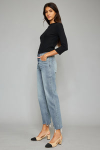 KESLEY High Waist Raw Hem Cropped Wide Leg Jeans Cotton Luxury Women's Bottoms