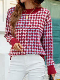 Houndstooth Round Neck Dropped Shoulder Sweater