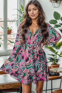 Printed V-Neck Long Sleeve Mini Dress