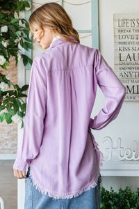 Denim Shirt Women's Fashion Lilac Raw Hem Button Up Long Sleeve Shirt