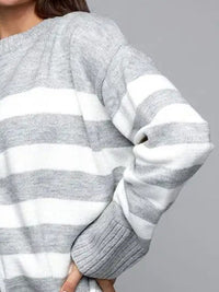 Slit Striped Round Neck Sweater New Women's Fashion