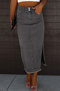 Grey Maxi Denim Skirt Raw Hem Slit Pocketed Midi Jean Skirt Women's Bottoms Cotton