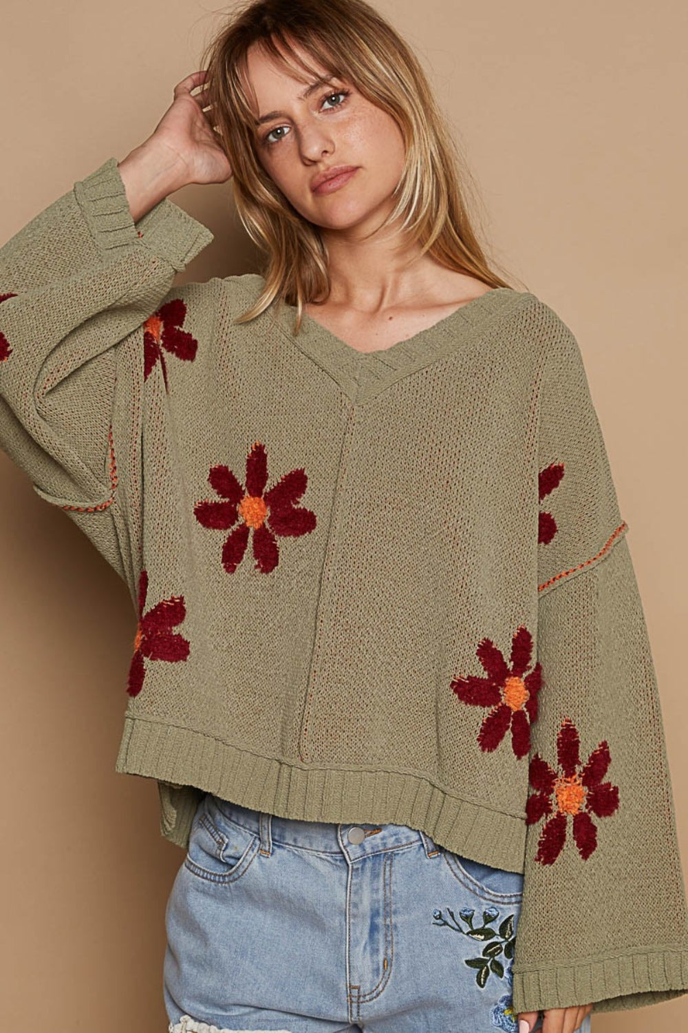 Boho Flower Sweatshirt New Women Fashion  V-Neck Floral Pattern Chenille Sweater