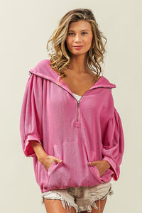 KESLEY Pink Hoodie Half Zip With Pocket Womens Balloon Sleeve Fashion Sweater