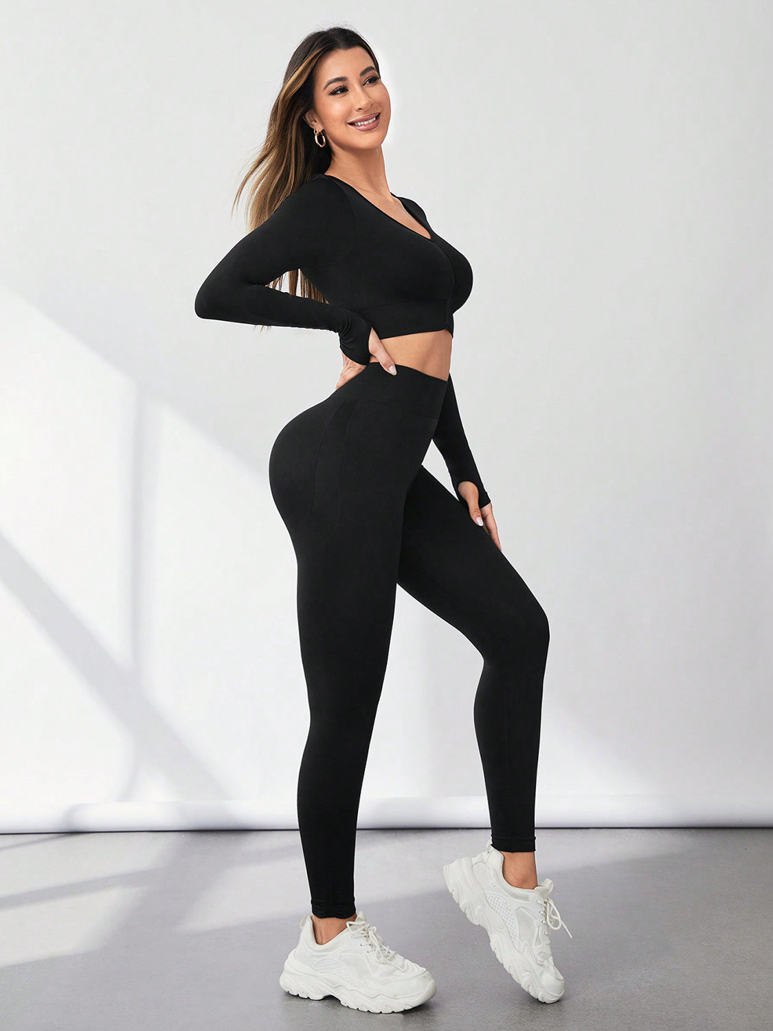 Activewear Two Piece Outfit Set Women's Sports Fashion V-Neck Long Sleeve Top Thumb Hole  and Leggings Active Set