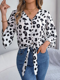 Animal Print Long Sleeve Shirt Women's Casual Tied Button Up Leopard V-Neck Blouse