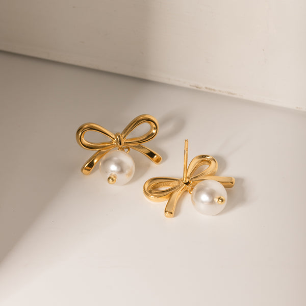 Bow Earrings with Pearl Dangle Detail Hypoallergenic Real 18K Gold Plated Waterproof Jewelry -KESLEY