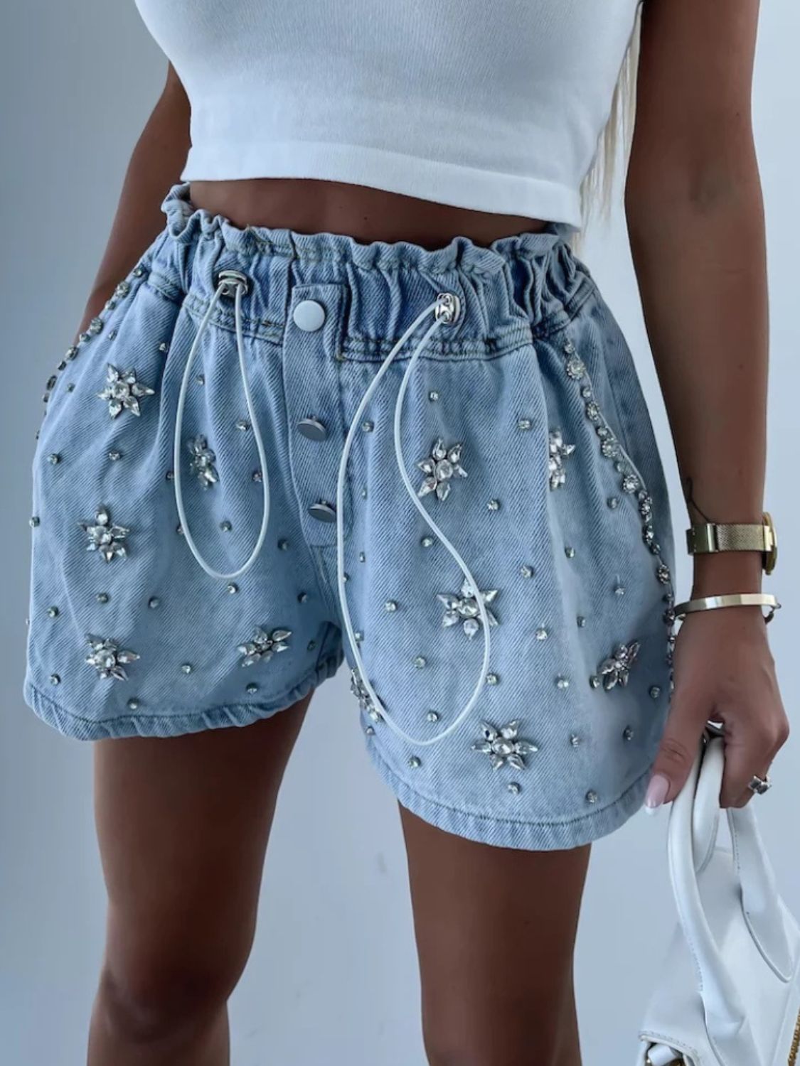 Rhinestone Drawstring Denim Shorts Premium Luxury 100% Cotton Jean Shorts
