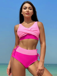 Two-Piece Swimsuit Pink Color-block  Ruched Wide Strap Top and High Rise Swim Bottoms Swimwear
