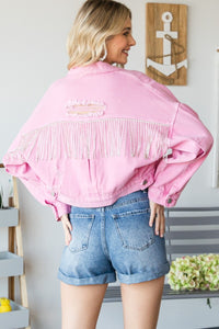 Pink Fringe Distressed Button Up Denim Jacket Women's Premium Luxury Cotton Jackets