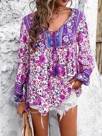 Boho Casual Loose Fit Shirt Printed Tie Neck Long Sleeve Blouse