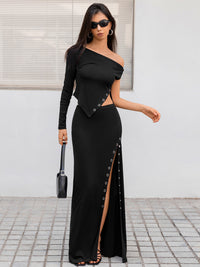 Black Off The Shoulder Top and High Slit Skirt Women's Two Piece Fashion Outfit Set