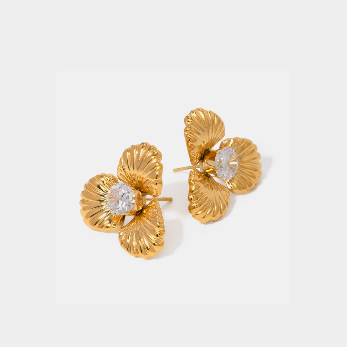 Big Flower Shape Stud Earrings Real 18K Gold Plated Stainless Steel Zircon Waterproof Jewelry