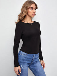 Solid Color Backless Round Neck Long Sleeve T-Shirt Women's Open back Shirt