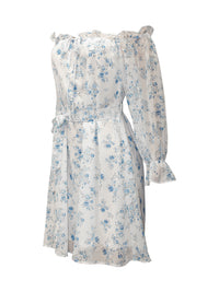 Floral Long Sleeve Short Dress Women's Casual Frill Off-Shoulder Flounce Sleeve Mini Dress