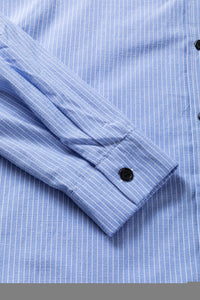 Sky Blue Stripe Roll-tab Sleeve Pocketed Long Shirt