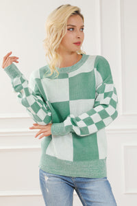 Checkered Drop Shoulder Long Sleeve Sweater New Women's Fashion Long Sleeve Knit Top , Baggy Sweaters