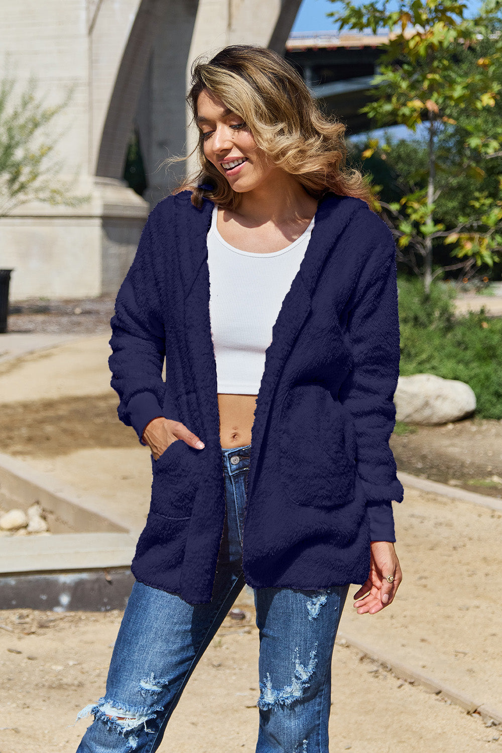 Teddy Hooded Jacket with Pockets Petite and Plus Size Jacket