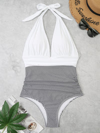 One Piece Swimsuit Nylon Fast Dry Premium Luxury Halter Neck Plunge Low V One-Piece Swimwear