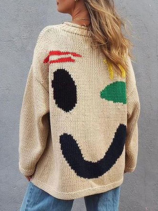 Smiley Face Contrast Drop Shoulder Long Sleeve Sweater
