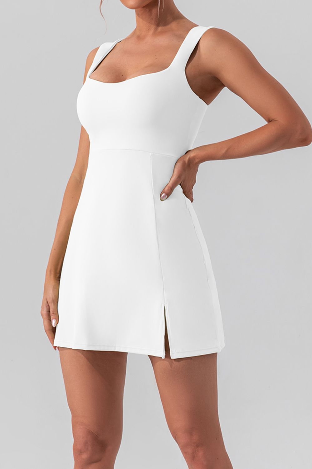 Everyday Casual Plain Mini Dress Stretchy Nylon Sleeveless Slit Short Active Summer Dress KESLEY