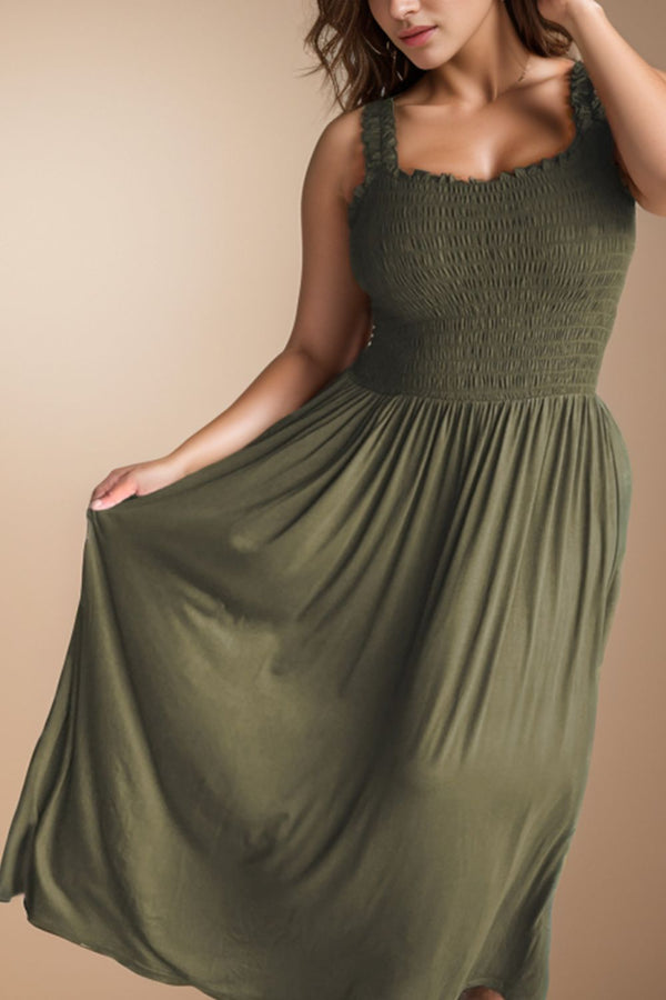 Olive Green Plus Size Dress Women's Casual Smocked Square Neck Short Sleeve Maxi Dress