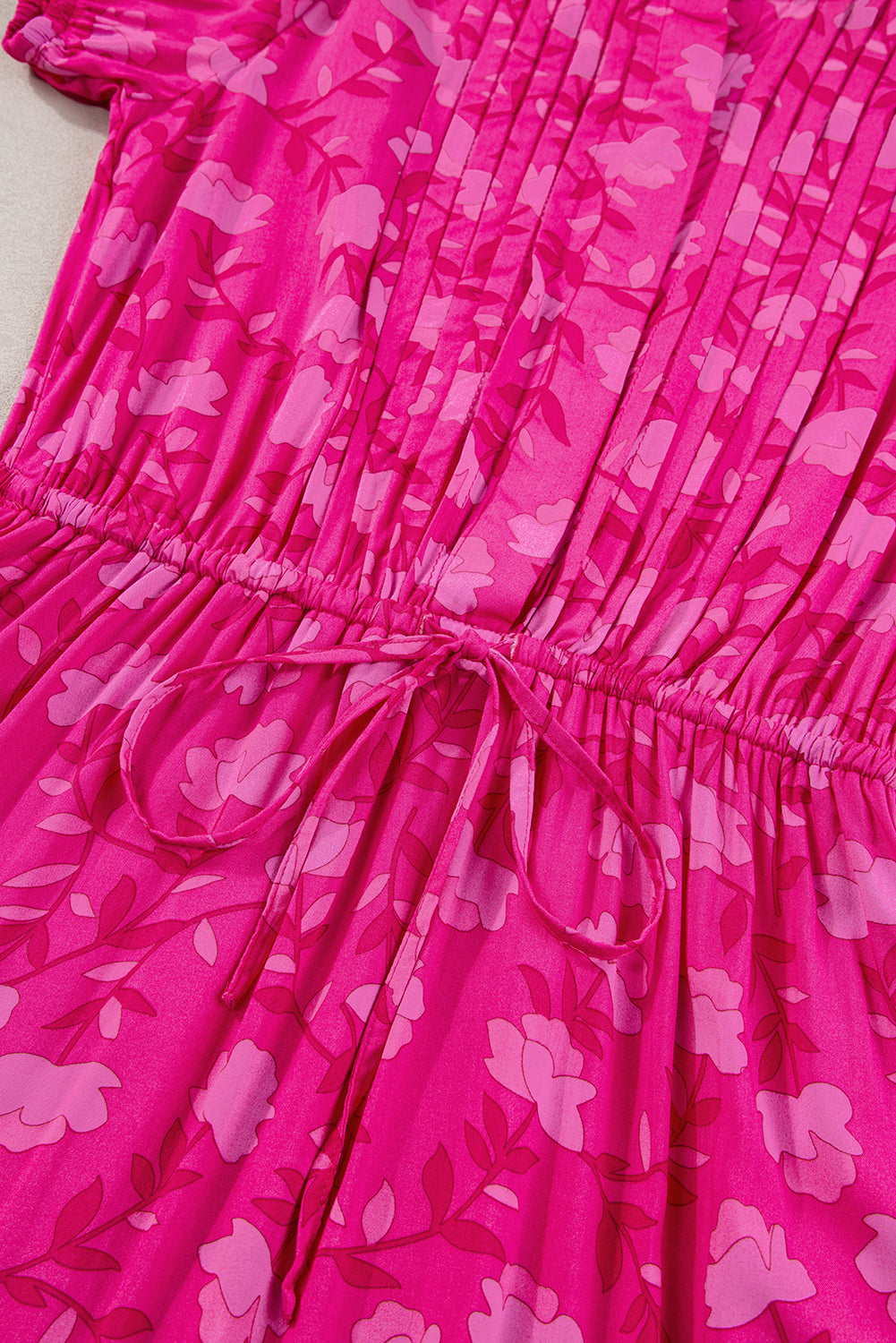 Rose Red Floral Print Pleated Drawstring Flowy Midi Dress