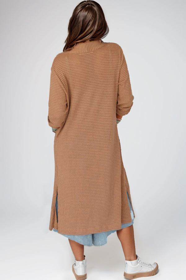 Khaki Open Front Sweater  Long Sleeve Longline Slit Cardigan